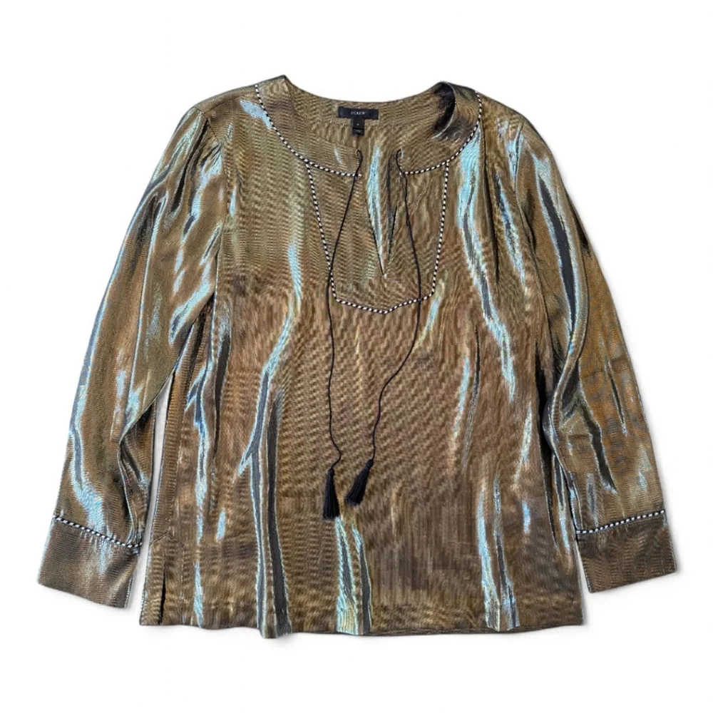 J. Crew Metallic Silk Gold Black Sheer Tie Neck Night Out Blouse Top Sz 4